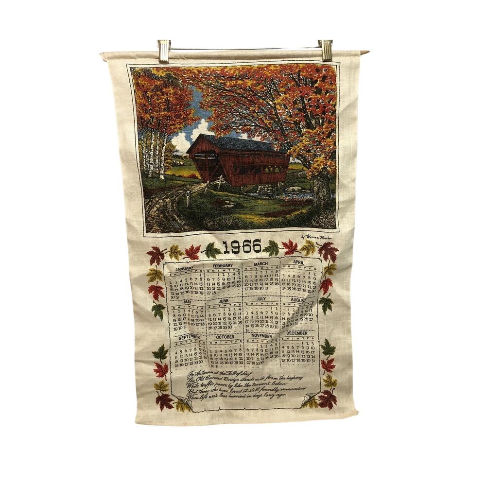 Linen Wall Calendar 1966 Warren Boucher Covered Bridge Fall Leaves Autumn Theme